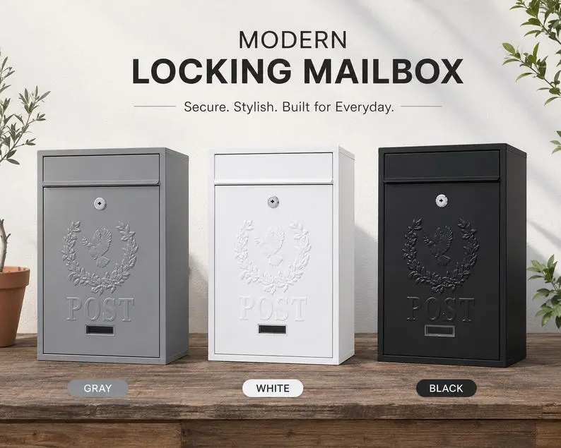 Modern Locking Wall Mount Mailbox – Secure Metal Post Box (Black, White, Gray)
