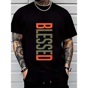 Men's Bold Vertical Blessd Graphic T-Shirt, Street Style Letter Print Crew Neck Tee, Casual Short Sleeve Urban Streetwear Top, Comfortable Everyday Fashion Shirt