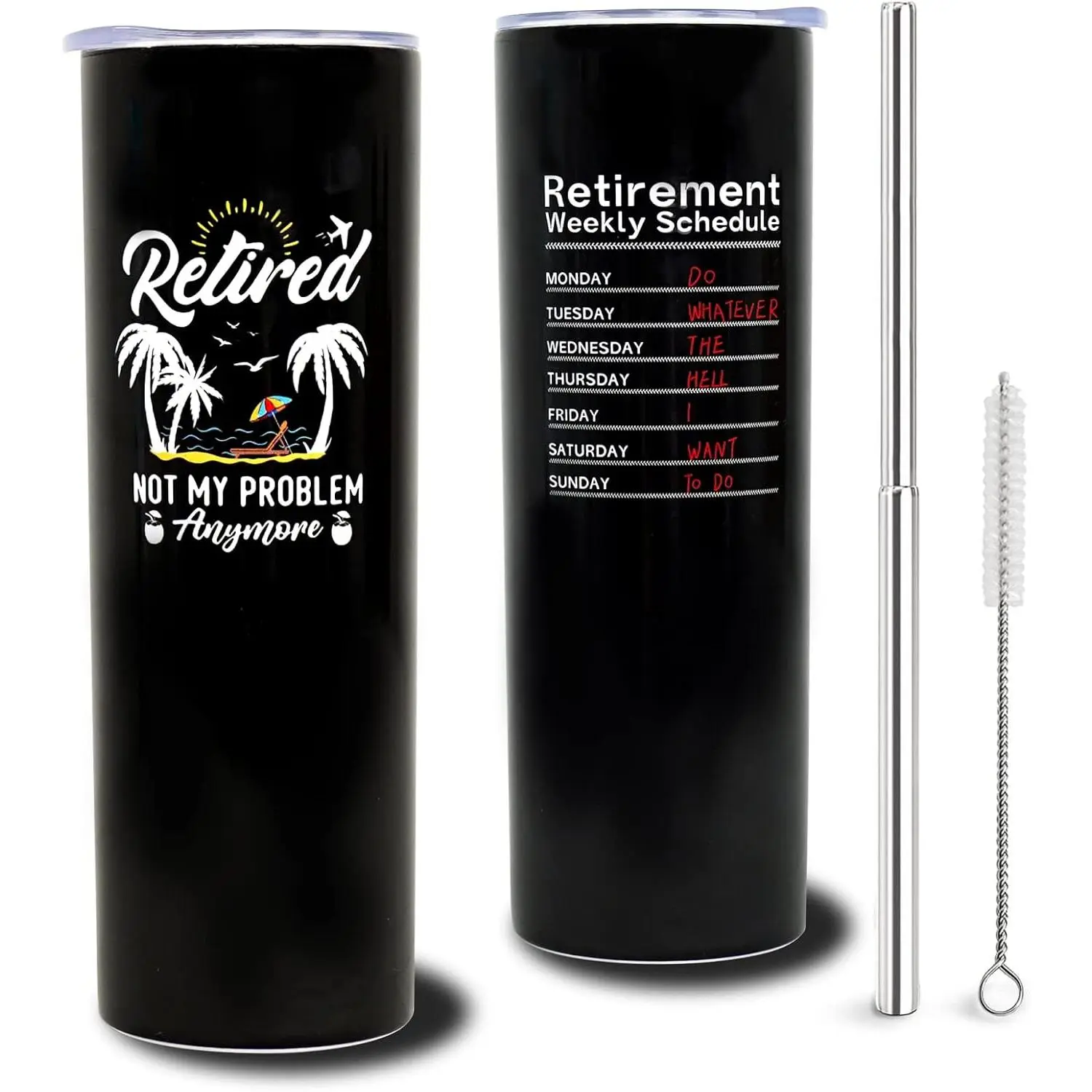 20oz Metal Stainless Steel Double-Wall Insulated Retirement Tumbler Set - Full-Print Portable Travel Coffee Mug, Splashproof Skinny Transparent Lid, Silicone Straw - 2024 Retired Coworker Farewell Gifts, "Not My Problem Anymore" Drinkware, Flasks, 8.3In H