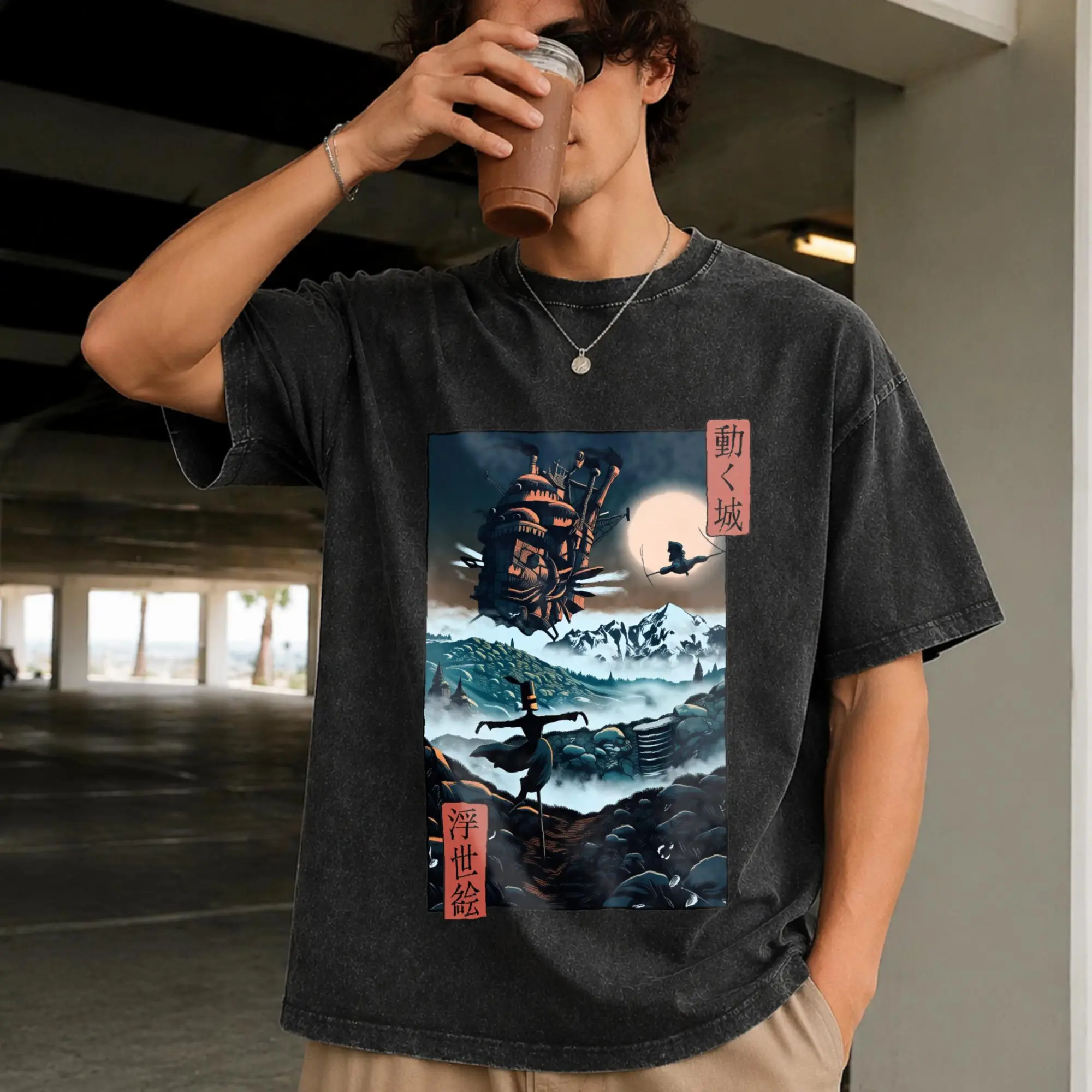 Men's Vintage Cotton Casual Baggy Oversize Howl's Moving Castle Howl and Sophie T-Shirt - Studio Ghibli Hayao Miyazaki Menswear Top, S-5XL Extra Large Gift, Breathable Cotton Fabric
