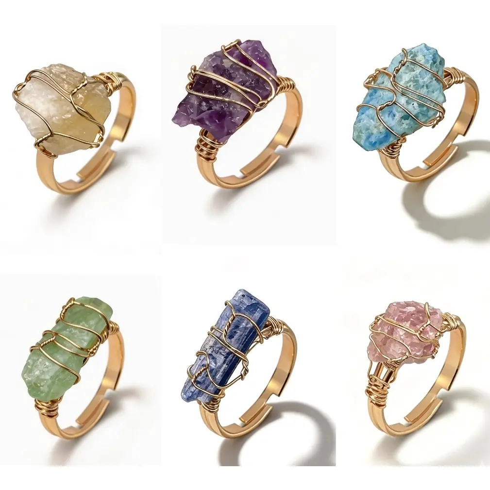 Women’s Handmade Amethyst Raw Crystal Ring - Gold-Tone Wire-Wrapped Boho Statement Costume Jewelry, Adjustable Open Band, 1 Size Fits All, Fits All Fingers, Affordable Fashion Accessory, Meaningful Gifts, 7-Day Bundle, One Size Fits All, 💖 Pink - Love (Ro
