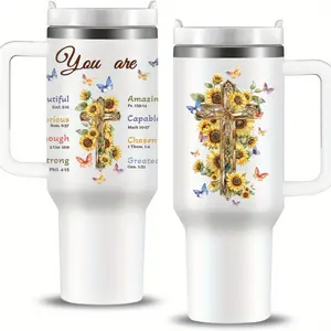 1pc, 40 Oz Christian Cross with Lid And Straw, Gifts for Women, Religious Gifts for Women, Religious Inspiration, Birthday Gifts, Sunflower Design, Sports Water Bottle, Outdoor Sports, Home Christmas Decoration, Thanksgiving Gift