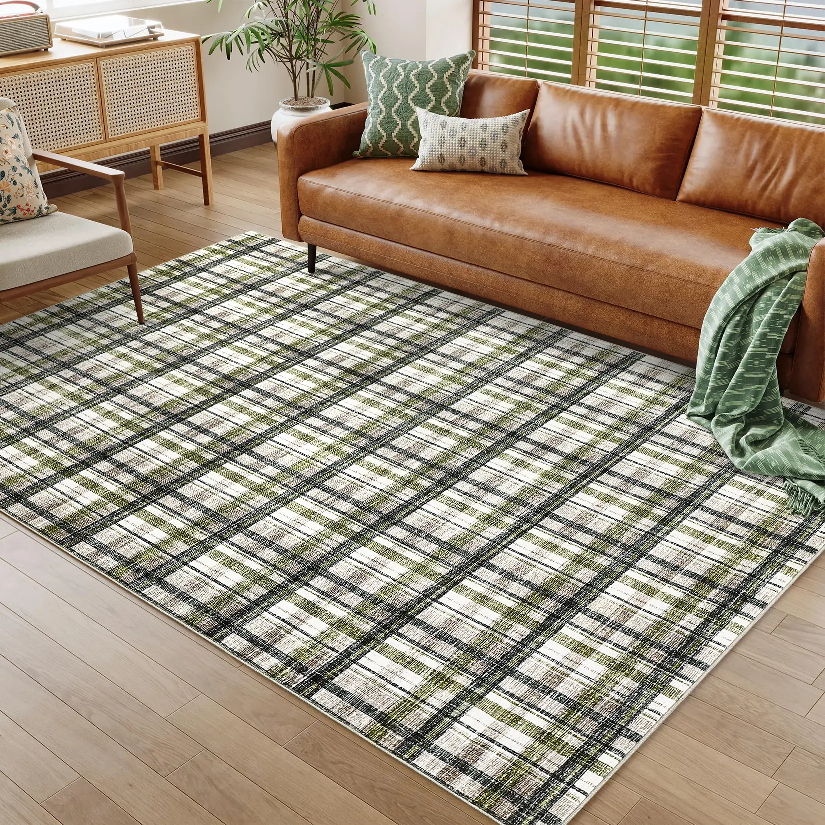 Velvet Plaid Farmhouse Area Rug - Washable, Machine Wash Safe, Stain Resistant, Non-Slip Backing, Ultra Soft Low Pile, Foldable, Multiple Sizes for Living Room Decor & Bedroom