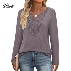 WIHOLL Boho Tops for Women Blouses Dressy Casual V Neck Long Sleeve Shirts Fall Outfits Trendy Vacation Clothes Chic Womenswear