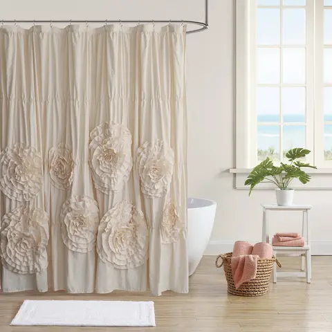HIG Elegant  Ruffled Shower Curtain - Features Eight Bold Floral Blooms for a Timeless Boho Chic Bathroom , 72" x 72", 1 PC Floral Washable