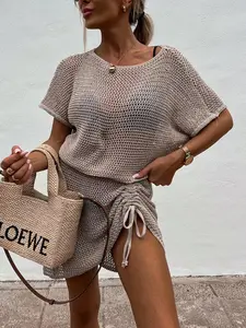 Women's Solid Color Hollow Out Knit Sweater Dresses, Casual Fashion Round Neck Drawstring Dresses, Ladies Summer Clothes for Daily Wear, Womenswear