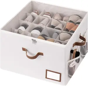 PLAIN StorageWorks Shoe Organizer for Closet, Shoe Storage Bins with Clear Lid, Fabric Shoe Boxes with Side Mesh Pockets, Closet and Storage Bins for Slippers and Flats, Holds Up to 16 Pairs, Beige