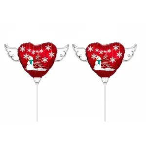 Christmas Snowman Memorial Balloon on a Stick – 8" Heart Shaped with Angel Wings Holiday Graveside Tribute – 2 Balloons, 2 Sticks & 2 Clips Included