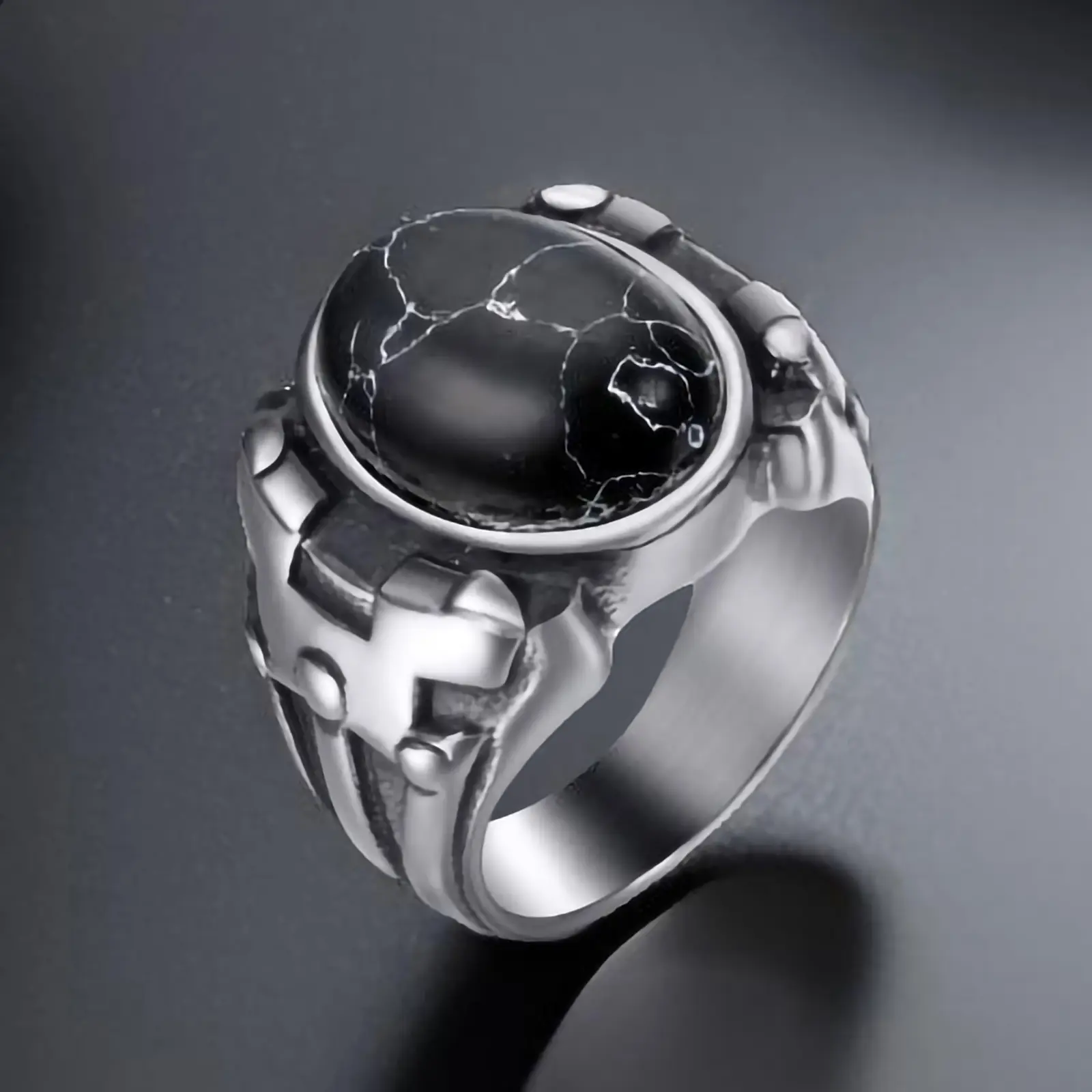 Retro Turquoise Men Rings, Black Onyx Rings for Men Stainless Steel Oval Vintage Mens Jewelry ring goth  ring
