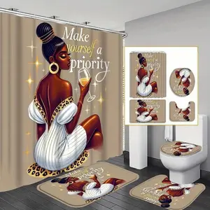 African American women patterned bathroom decor, 4-piece set including shower curtain, toilet U-shaped mat, bathroom floor mat, and toilet lid cover, bathroom decoration supplies, bathroom accessories