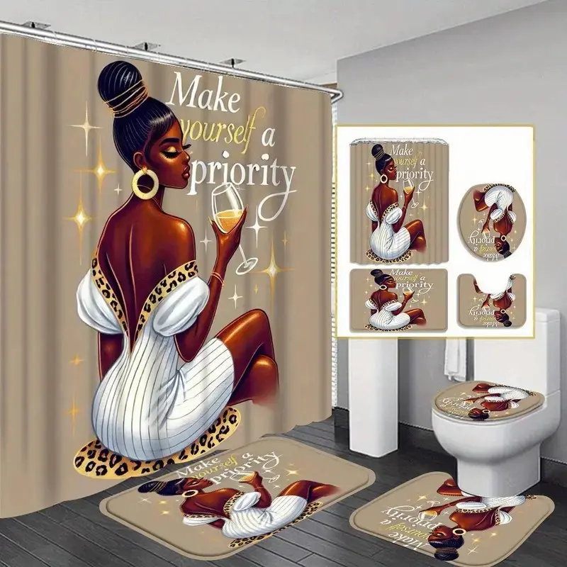 African American women patterned bathroom decor, 4-piece set including shower curtain, toilet U-shaped mat, bathroom floor mat, and toilet lid cover, bathroom decoration supplies, bathroom accessories