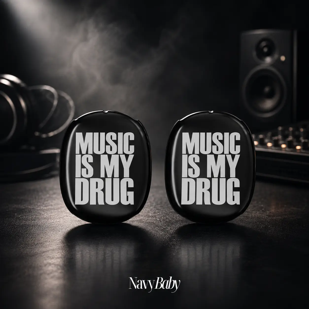 AirPods Max Protective Shell Case, Black and White Y2K Design, "Music Is My Drug" Themed Headphone Accessory