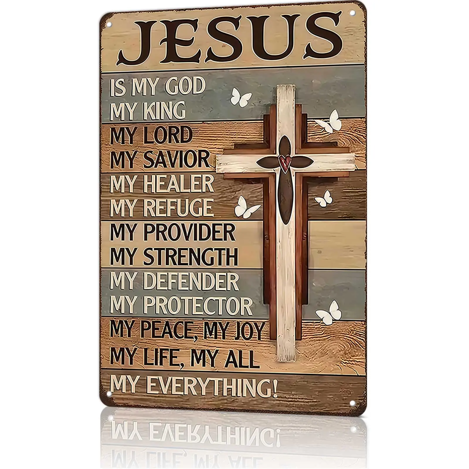 8x12 in Water-Resistant Aluminium Christian Metal Sign - "Jesus Is My God, King, Lord, Savior, Everything" Religious Decor, Art Deco Wall Plaque, Crucifix Home Sign for Church - Retro Tin Outdoor Gift for Christianity Followers