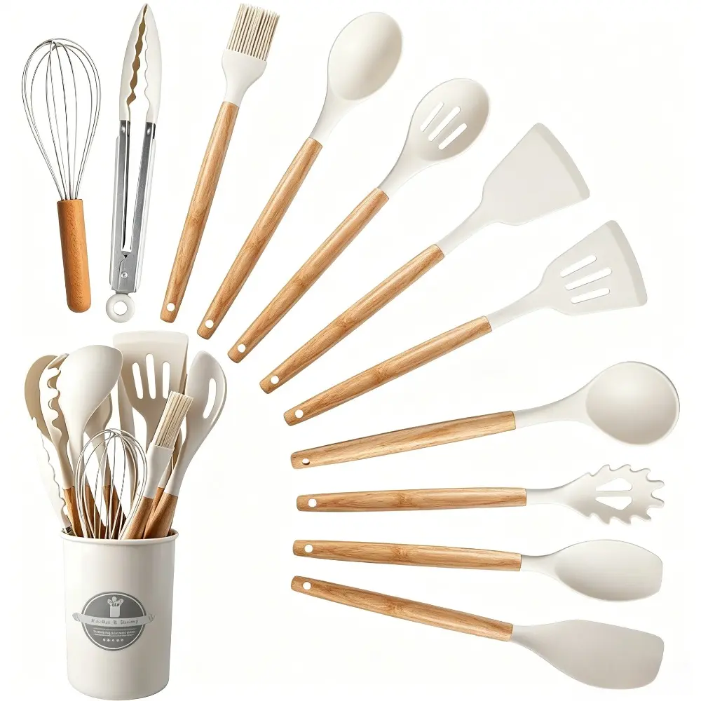 Cute Pink Kitchen Utensil Set, 11-Piece Silicone Cooking Accessories with Wooden Handles & Holder, Non-Stick for Baking, Kitchen Cooking Accessories, 11 Pieces, Cooking Utensils, Kitchenware