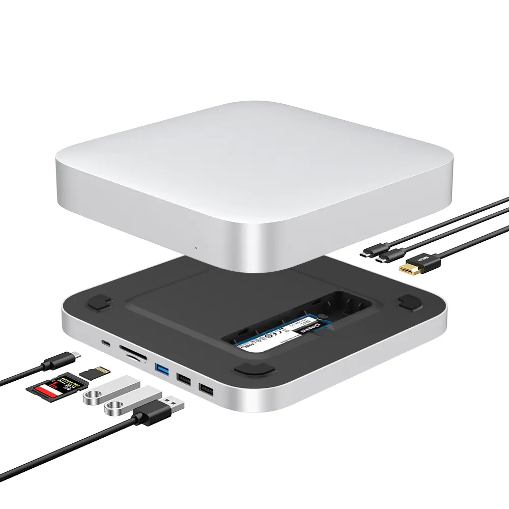QWIIZLAB USB-C Hub with SSD Enclosure, Docking Station for Mac Studio Mac Mini M2/M1/Intel, Type-C 10Gbps, Card Readers 104MB/s, Fits M.2 SATA & NVMe SSD (Silver)