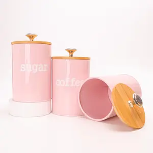 LOVEWE 3-Piece Bamboo Lid Sealed Jar Set, Pink Metal Kitchen Gadgets Jars with Airtight Seal for Tea Coffee Sugar, Ideal for Bar Counter Rustic Home Decor