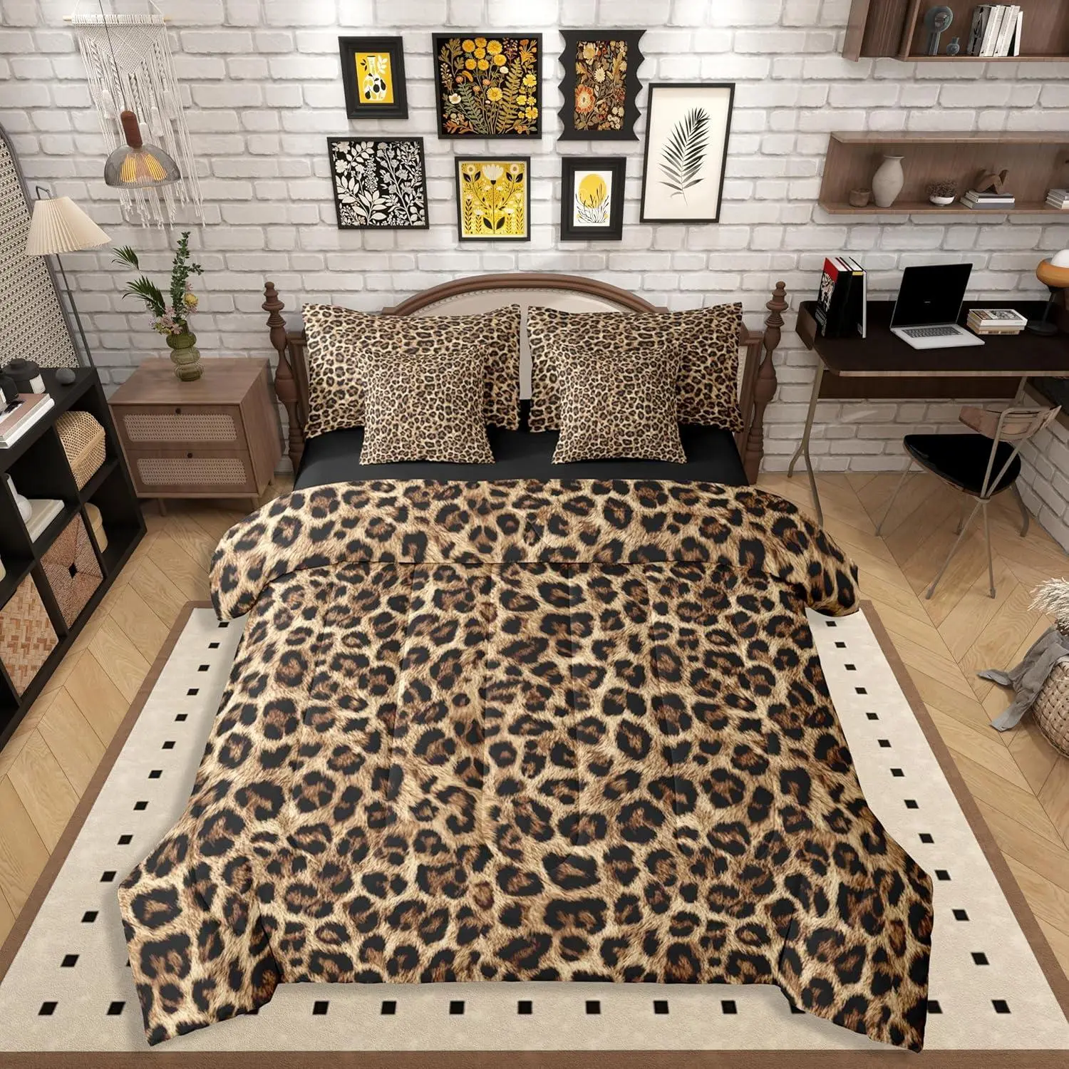 Leopard 7 Pieces Bedding Set,African Cheetah Print Bed in a Bag,Wild Animal Skin Bed Set Includes Comforter,Sheet Set,Pillowcases & Pillow Covers,Farmhouse Bedroom Decor