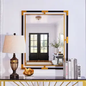 Brushed Gold Rectangle Wall Mirror 36.6x28.7inch - Modern Farmhouse Metal Frame Mirror | Wall-Mounted Over Sink Vanity Mirror, Square Corner (Horizontal/Vertical Use)