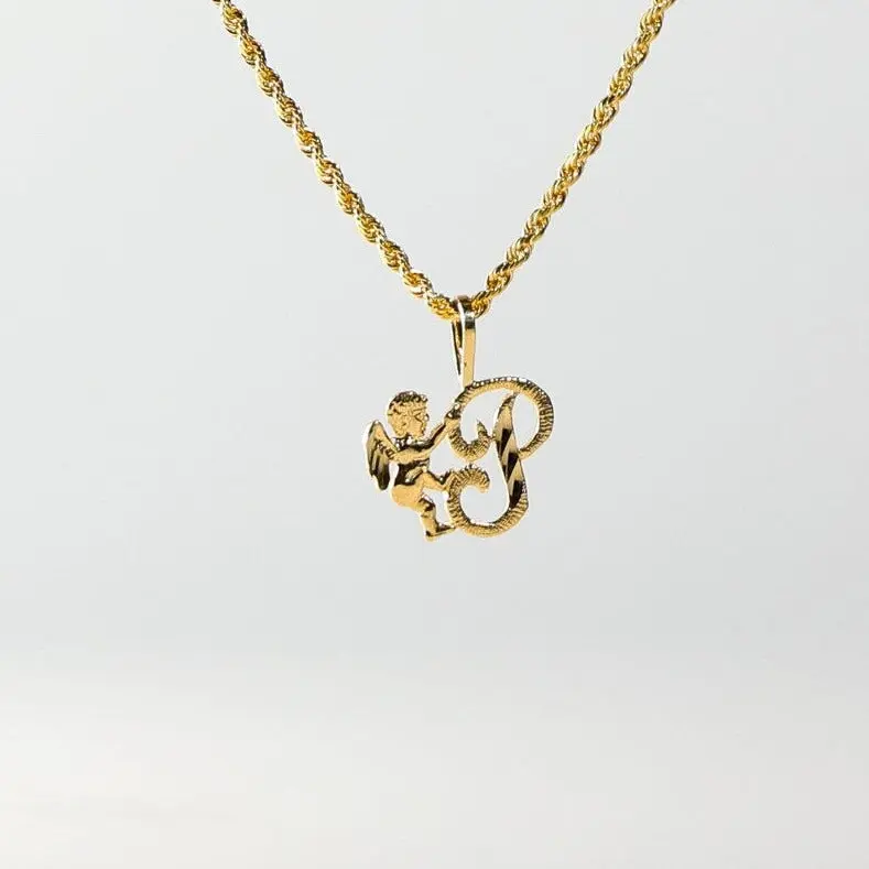 14K Gold Script Letter P Pendant with Cherub Angel | A-Z Pendants