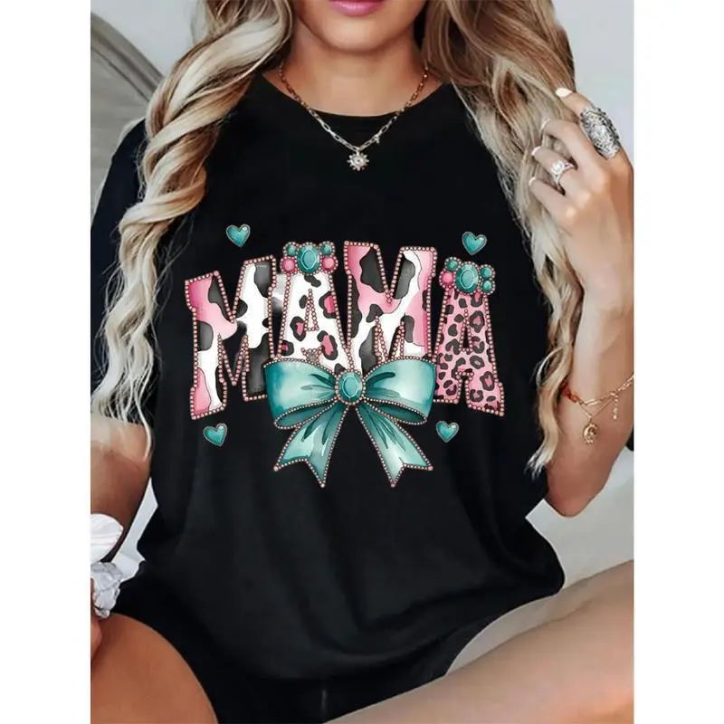Women's Oversized Loose Fit Graphic T-Shirt - Mama Design with Hearts, Bows & Leopard Print, Soft Breathable Crew Neck Short Sleeve Casual Tee for Mother's Day Gift, All-Season Comfort, Ladies T Shirts Womenswear Top Fashion Tshirt"3XL 4XL 5XL" Large size