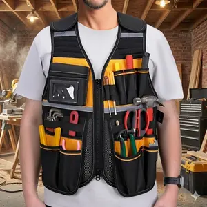 Heavy-Duty Multi-Pocket Tool Vest, Work Safety Vest: Durable Tear-Resistant Work Gear with Reflective Strips, Breathable & Waterproof Design for Construction, Carpentry, Electricians, Outdoor Jobs. Tool Organization Vest