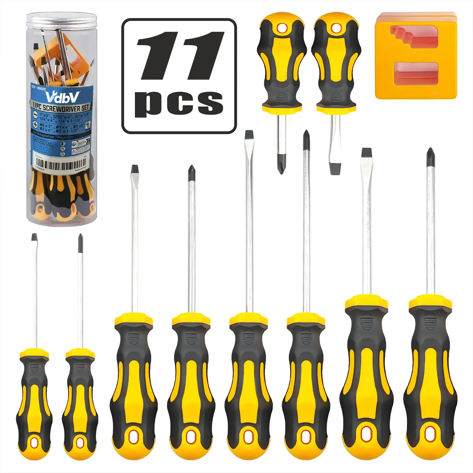 11pcs Portable Metal Magnetic Mini Screwdriver Set - Chrome Steel, Lemon Yellow Polished Finish, Flat & Phillips Heads, Nail Puller with Pick & Hook Tools, Durability and Style for DIY Users, Mechanics (Hand Tools for Hardware Tasks), Carpentry