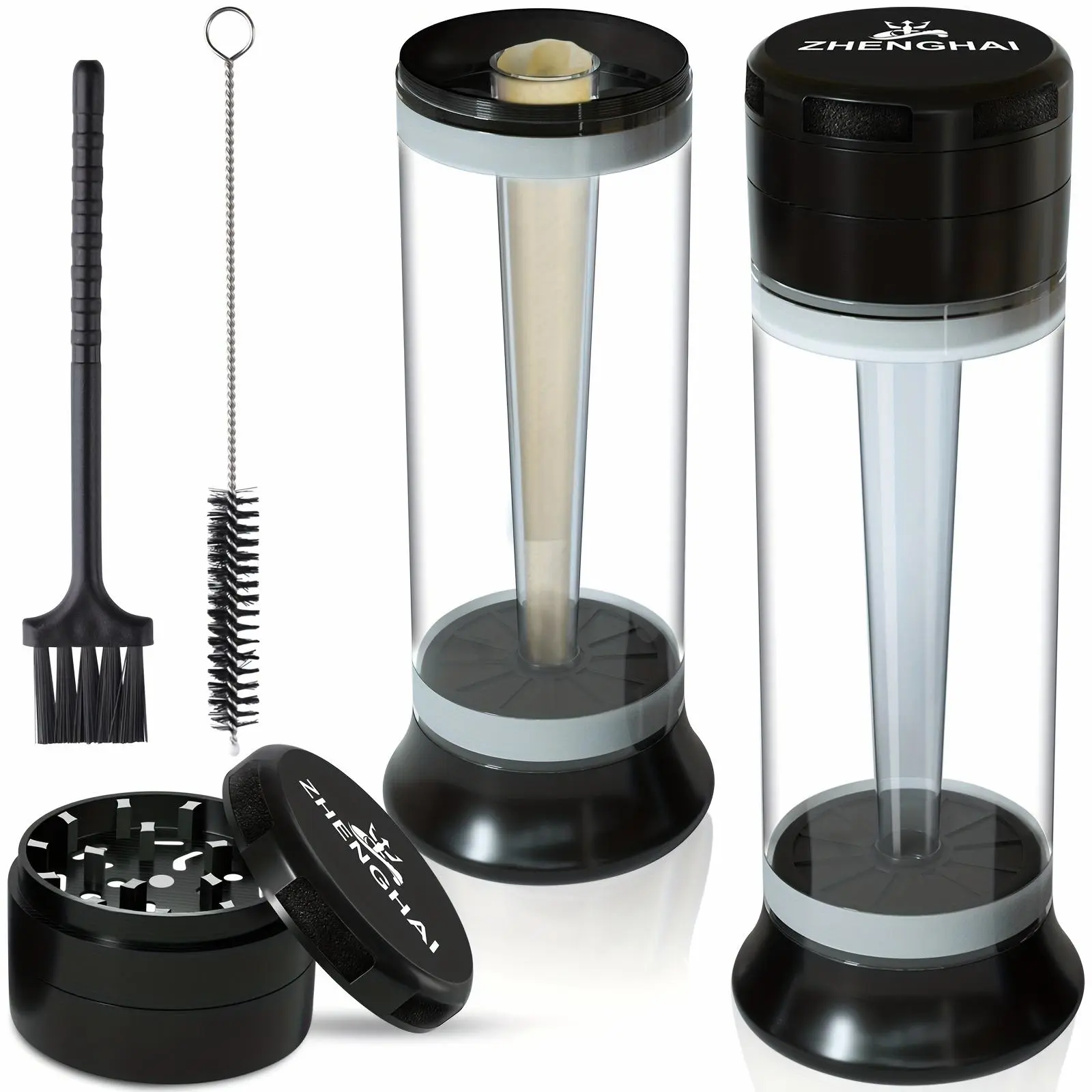 3-In-1 Zinc Alloy Spice Grinder, Pre-Rolled Cone Loader Machines. 6-Hole Storage Cone Loader Rolling Machine. Grinding, Filling, Storage All-In-One with Cleaning Brush