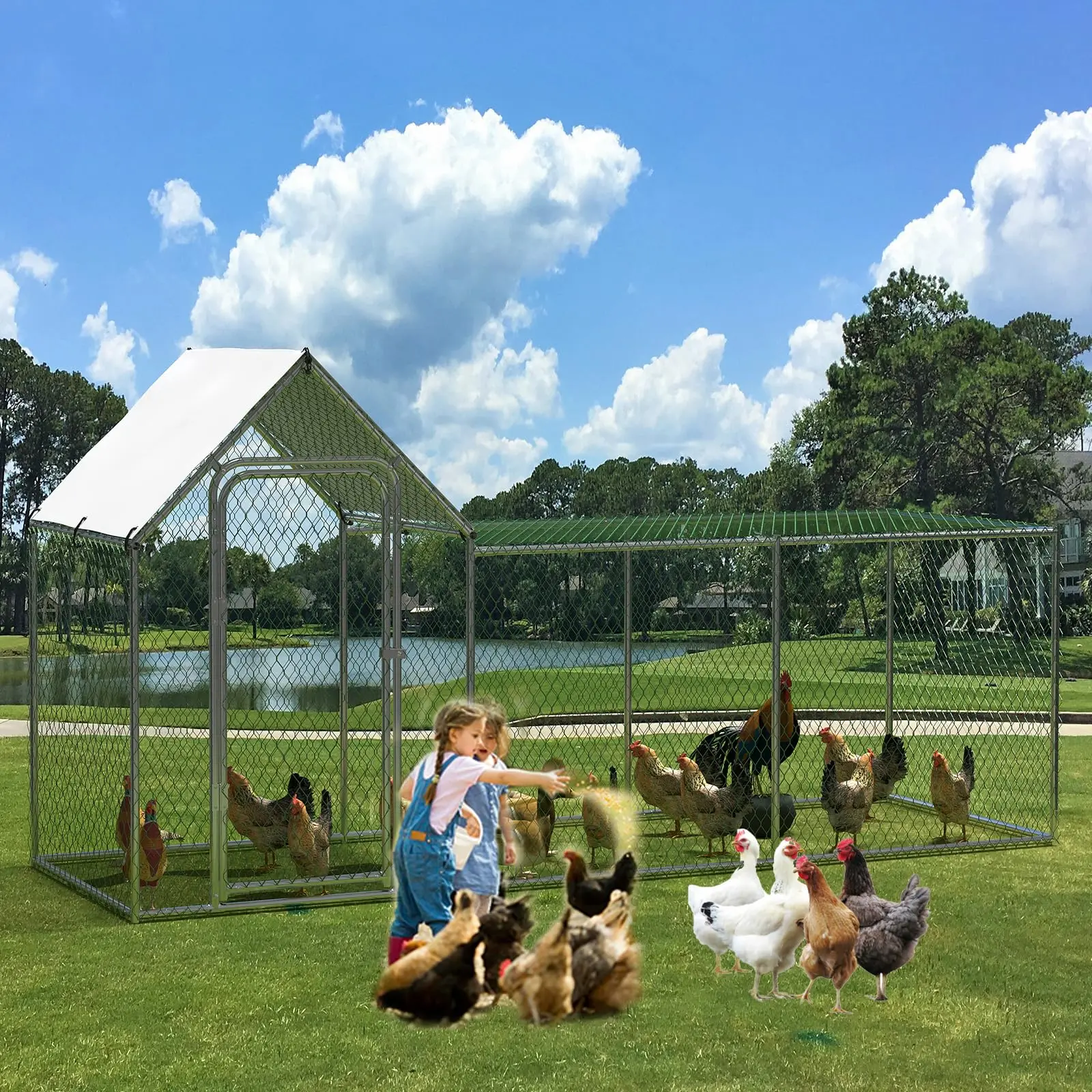 3.3x10FT Walk in Chicken Coop Metal,Large Chicken Run for Yard with Waterproof&Anti-UV Cover,Hen House for Backyard Farm,Poultry Cage for Duck,Goose