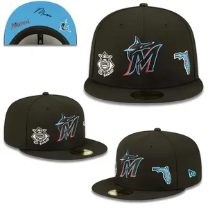 New Era 59FIFTY Miami Marlins Black Fitted Cap – Flat Brim MLB Hat with Multi-Side Embroidered Patches, Structured Crown, Premium Streetwear Baseball Cap for Men & Women