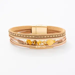 Women's Multi-Layer Leather & Natural Crushed Stone Bracelets, Summer Beach Vacation Sports Wristband with Magnetic Clasp
