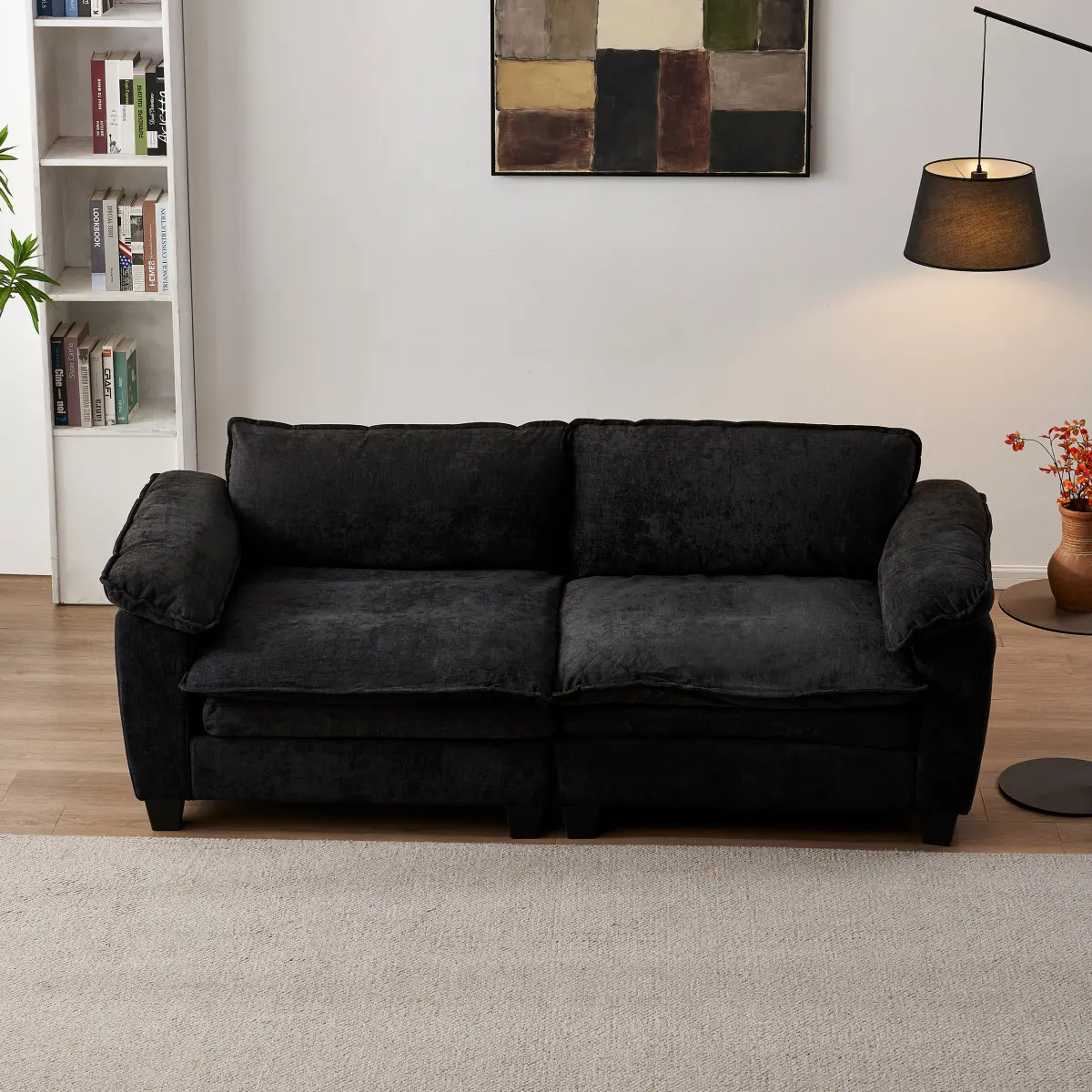 Luxury Chenille Fabric Big Loveseat Sofa - 600lbs Capacity, Serpentine Springs, Washable Removable Cover, Sturdy Solid Wood-Plywood-Metal Frame, Plastic Accents, Comfy Indoor Living Room Black Furniture, Comfy Couch