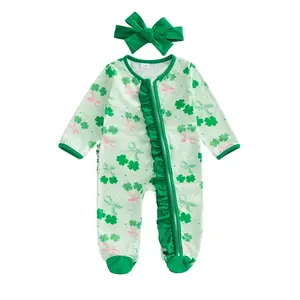 Baby Girl Clothes St Patricks Day Outfit Clover Romper First St Patricks Day Jumpsuit Zipper Footed Infat Newborn 3M 6M Headband Set