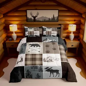 Hunting Camper Comforter Set,Bear Elk Arrow Wild Animals Bedding Set,Kids Boys Teens Women Rustic Farmhouse Cabin Home Decor,Retro Geometric Stripes Plaid Duvet Insert,Brown Grey