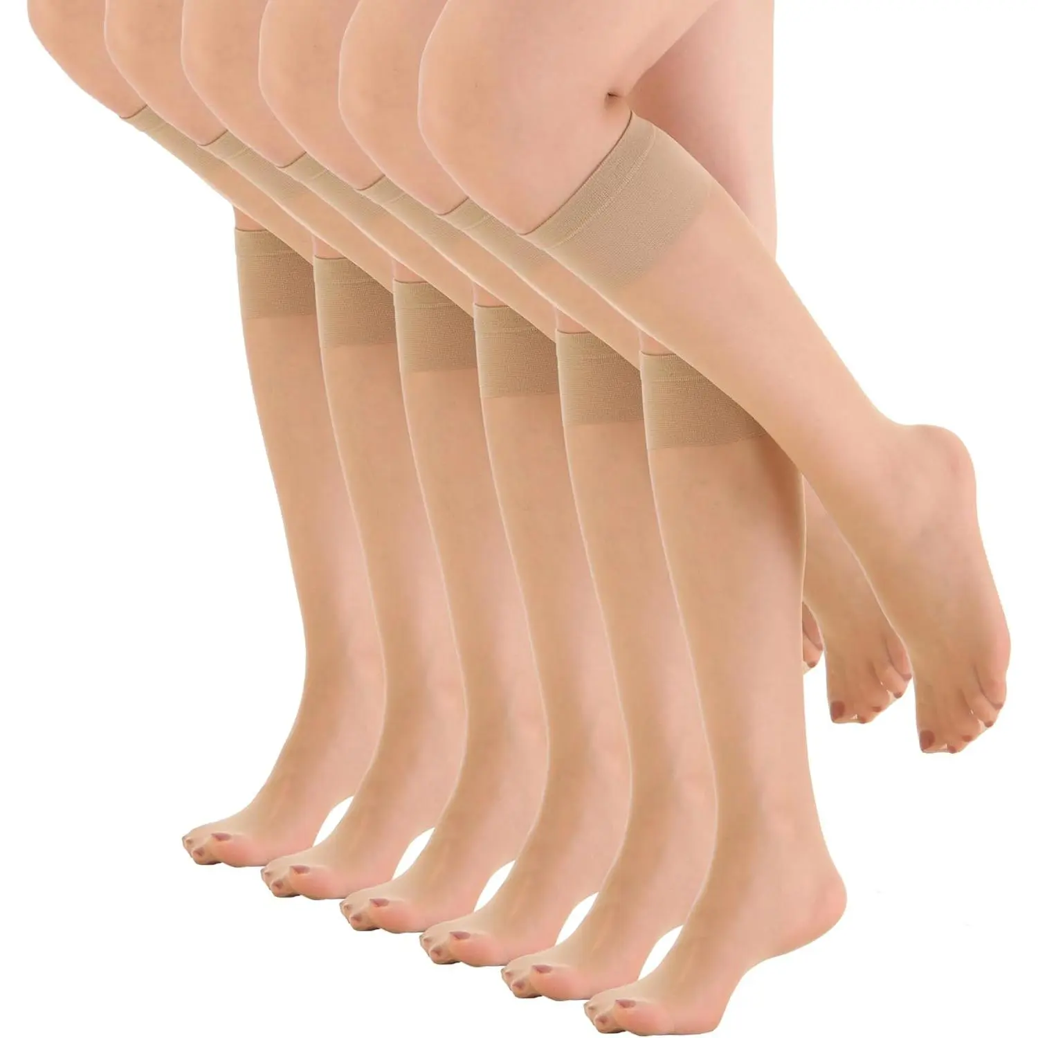6 Pairs Women's Sheer Knee-High Stockings, 15D Silky Hosiery with Reinforced Transparent Toe & No-Binding Stay-Put Band, Reinforced Toe, Socks