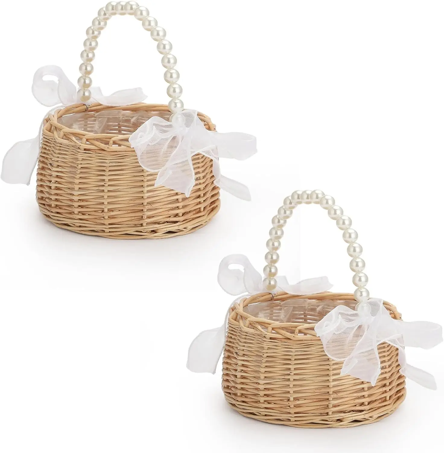 Wicker Rattan Flower Girl Basket Set of 2 Rustic Wedding Flower Girl Basket with Pearl Handle Small Flower Basket for Flower Girl Fairy Wedding Basket Handwoven Easter Baskets for Boys Girls Wedding