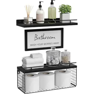 Floating Shelves for Wall Decor Sign, Bathroom Organizers and Storage, Bathroom Shelves Over Toilet with Metal Guardrail-Black
