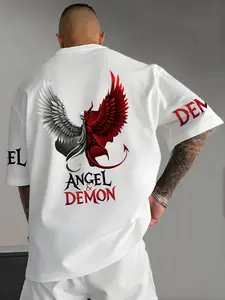 Men's Trendy Casual T-Shirt, Silver Color Wings Design, Fitted Short Sleeve, Streetwear Style, Perfect for Rock or Personal Fashion, Menswear