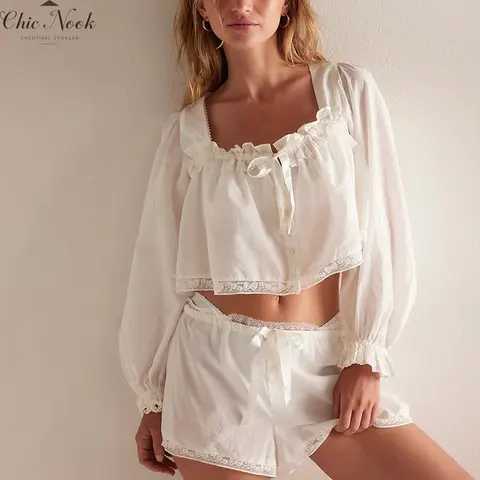 2Pcs Pajamas Sets for Women Puff Long Sleeve Square Neck Lace Patchwork Tops with Elastic Waist Shorts Loungewear