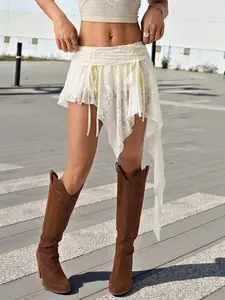 Beige Lace Drawstring Mini Skirt Women Summer Boho Streetwear Outfit