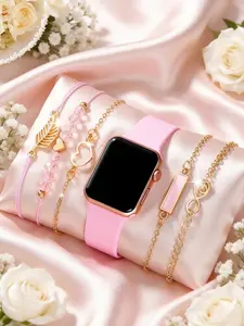 6-piece set of square digital display minimalist design electronic watches for girls, paired with leaf-shaped bracelets, Fashion Girly watch, suitable for elementary and middle school girls, a gift for birthdays, school events, parties, Accessories