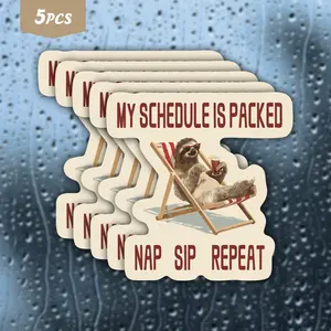 5Pcs Nap Schedule Sloth "My Schedule Is Packed: Nap, Sip, Repeat" Waterproof Vinyl Sticker, Self-Adhesive Decal, Suitable For Water Bottles, Laptops, Cars, Tablets, Ideal For Sloth Lovers, Lazy Day Enthusiasts And Meme Fans