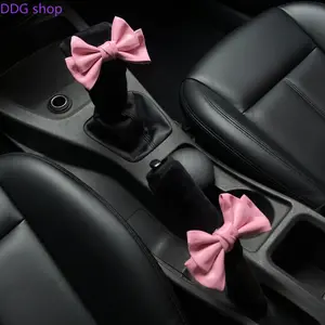 Stylish Pink Bow Car Gear Shift & Handbrake Cover Set, Premium Short Velvet Anti-Scratch Protective Sleeve, Cute Decorative Trim, Universal Fashion Accessories for Car Interior Makeover