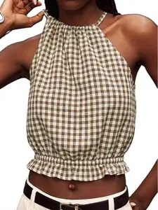 IDEALSANXUN Women's Cropped Solid Linen Halter Tank Shirt - High Neck, Sleeveless, Cute Fit, Elastic Fabric, Ruffle Detail Short Summer Casual Top for Women's Outfits, Halter Tops, Tank Tops