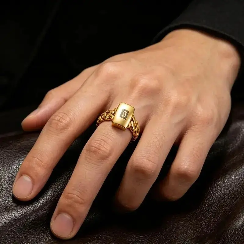 Men's Monaco Plated Gold Promise Ring - Stainless Steel Initial S Zircon, Iced Out Gold Rhinestone Rings, Hip Hop Fashion Jewelry Gift mens