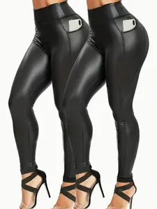 2 Pack Plus Size Sports Leggings Set, Women's Plus High Waist PU Leather Wide Waistband Butt Lifting Yoga Pants With Phone Pockets 2pcs Set