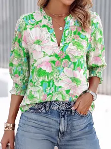 Chic Petal Women's Green & Pink Flower Print Top Smocked Cuff Half Sleeve Blouse Preppy Coastal Summer OOTD Shirts Womenswear