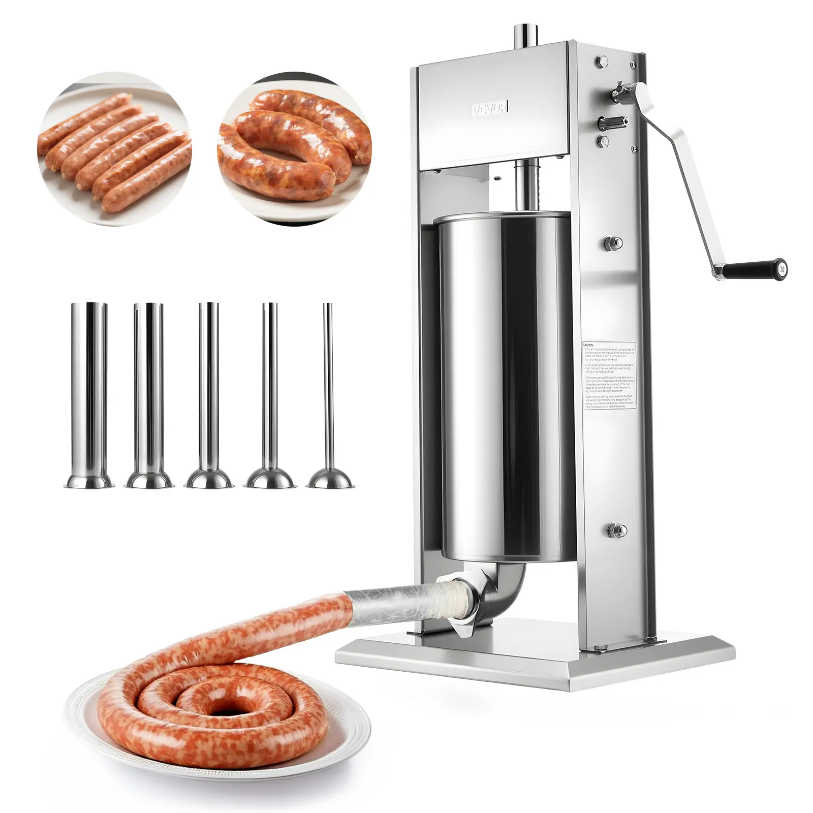 VEVOR Kitchen Utensils Manual Sausage Stuffer, 33 lbs/15 L Vertical Meat Filler, Heavy-Duty Dual-Speed Stainless Steel Machine with 5 Shaped Tubes for Smoother Casing Stuffing, Commercial/Home Use