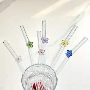 4pcs/6pcs High Borosilicate Glass Straws (8mm × 7.87") | Reusable Drinking Straws with Flower Decor, 1/2 Cleaning Brushes, BPA-Free, Dishwasher Safe - for Smoothie, Cocktail, Party, Wedding, Bar, Beach, Christmas, Halloween