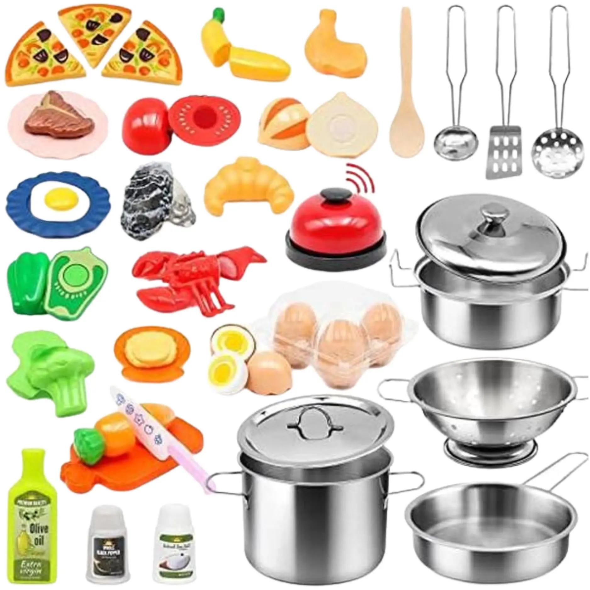 59PCS Kids' Pretend Play Kitchen Cooking Kit with Stainless Steel Pots & Pans, Play Food, Cooking Accessories, and Storage Gift Box for Ages 3+