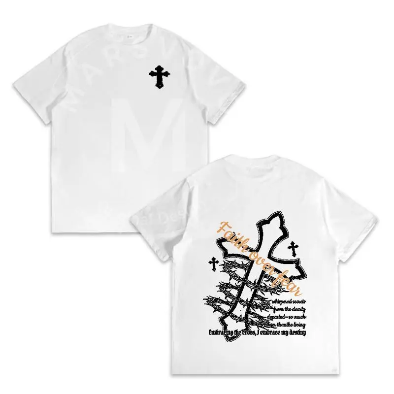 [100% Cotton] Retro Gothic Cross Graphic Tee Vintage Faith Over Fear Style T Shirt Premium Heavyweight Cotton Thorn Art Casual Top Streetwear Men Women Apparel
